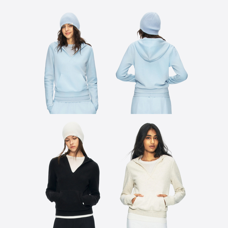 Ra Everyday Thin Fleece Hooded Short V-Neck Sweatshirt in Milk Gray/Glacier Blue/Black Ra Everyday Thin Fleece Hooded Short V-Neck Sweatshirt in Milk Gray/Glacier Blue/Black