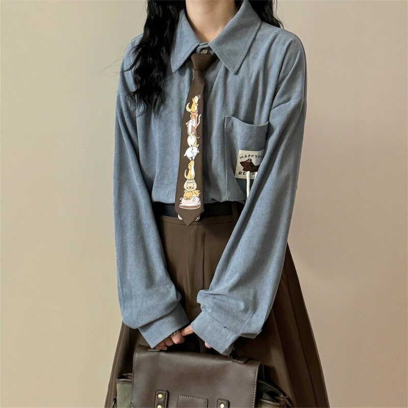 Cartoon-Style Fun Retro Corduroy Shirt for Women, Suitable for Layering in Autumn and Winter, Loose and Casual Long-Sleeve Shirt Cartoon-Style Fun Retro Corduroy Shirt for Women, Suitable for Layering in Autumn and Winter, Loose and Casual Long-Sleeve Shirt