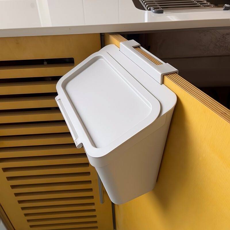 Suglister Kitchen Bathroom Bedroom Trash Can Hanging Type Household Kitchen Hanging Trash Bin with Lid Storage Bin