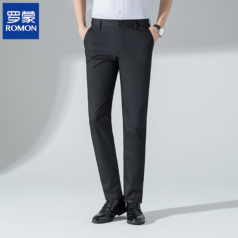 Romon suit Western pants spring new black business casual men's Han version Body Free Ironing Straight Drum Elastic Pants Man