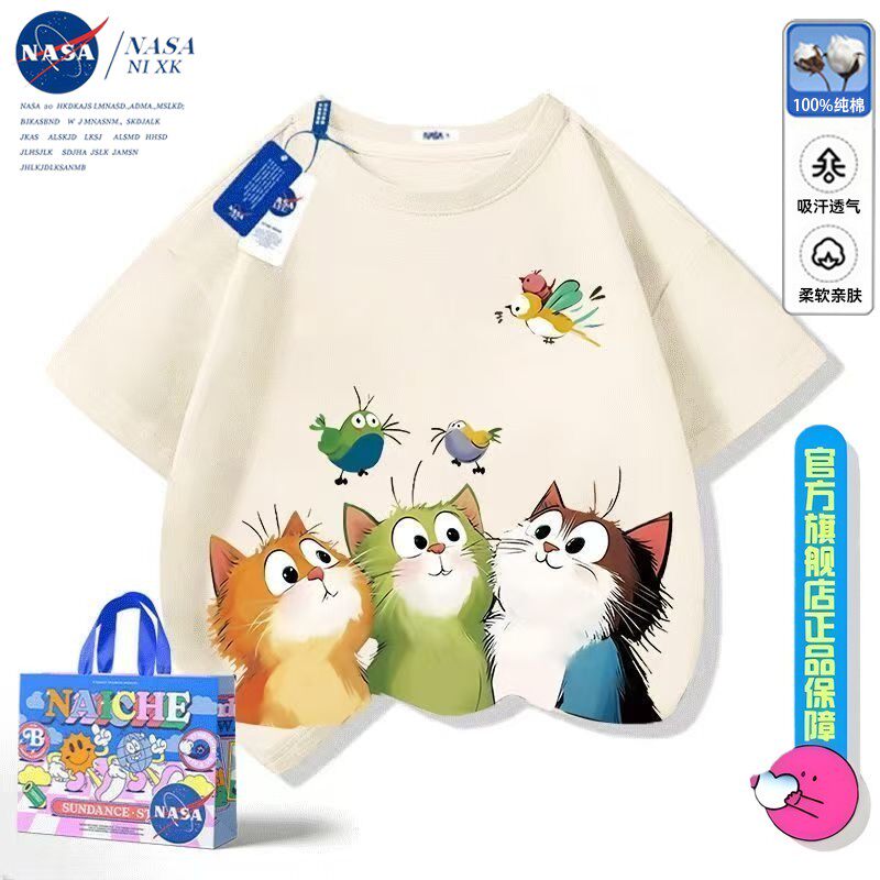 Детская футболка с короткими рукавами от совместного бренда NASA, летняя хлопковая блузка с рисунком кота для мальчиков и девочек, большая детская футболка в западном стиле