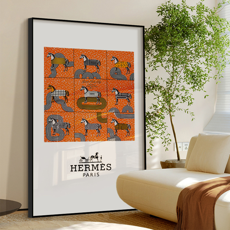Hermès Silk Scarf Wall Hanging, Light Luxury and High-End Feel, Living Room Decorative Painting, Large Floor-Standing Designer Orange Entrance Mural