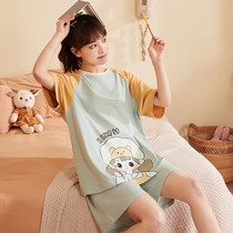 2021 summer new pure cotton short-sleeved pajamas womens thin Korean version of cute cartoon student shorts home suit set