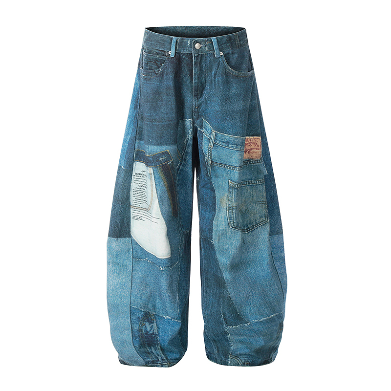 Joinboy Printed Washed Denim Fabric, Creative Design with Contrasting Color Stitching, Scimitar Pants, Wide-Leg Jeans