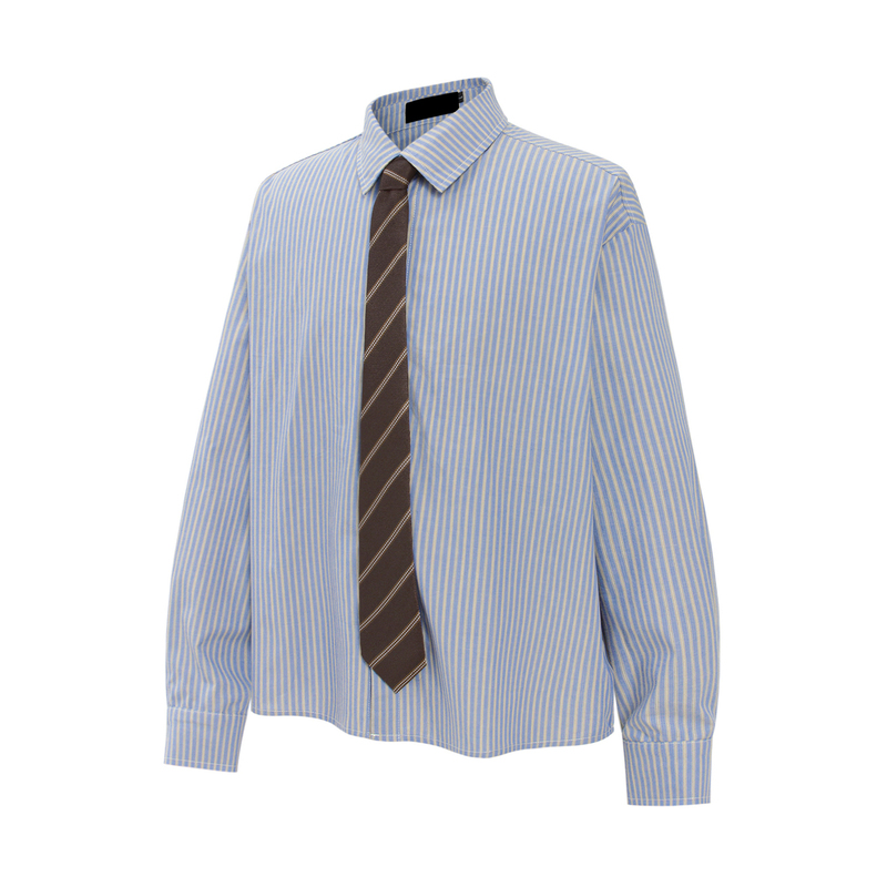 Joinboy Tie-Decorated Blue and White Striped Shirt, Loose-Fitting Drop-Shoulder College Style Relaxed Shirt, Trendy Top