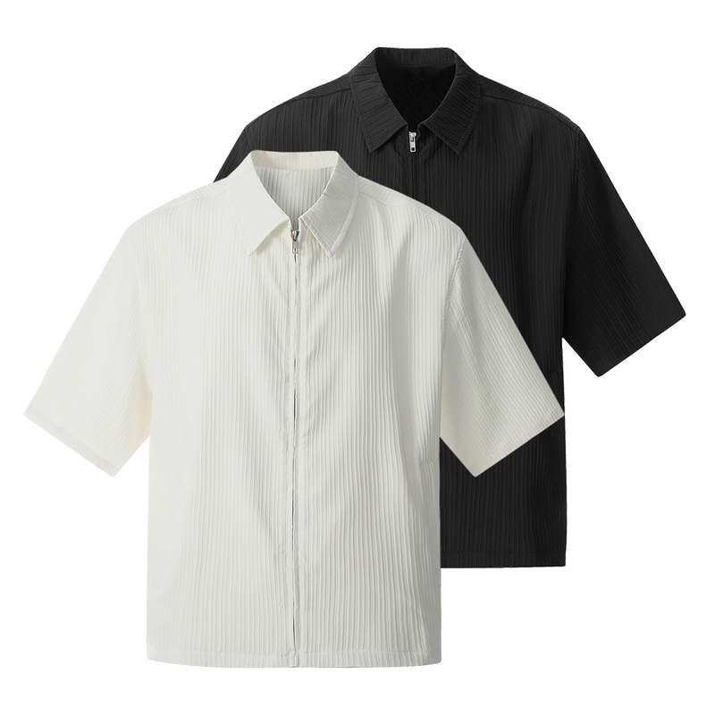 Joinboy Short Shirt Zipper Cardigan Summer Short-Sleeved Shirt Vertical Stripe Texture Lapel Collar Shirt