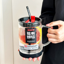 1L large capacity glass cup with handle for womens office high temperature resistant drinking cup with creative text straw cup 2288