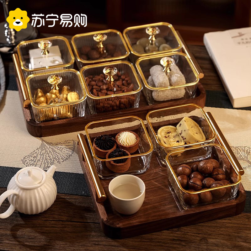 Hupeach Wood New Chinese Fruits Pan Wood Trays Retro Afternoon Tea Trays Dried Fruits Glass Bowls Snack Trays 2598-Taobao