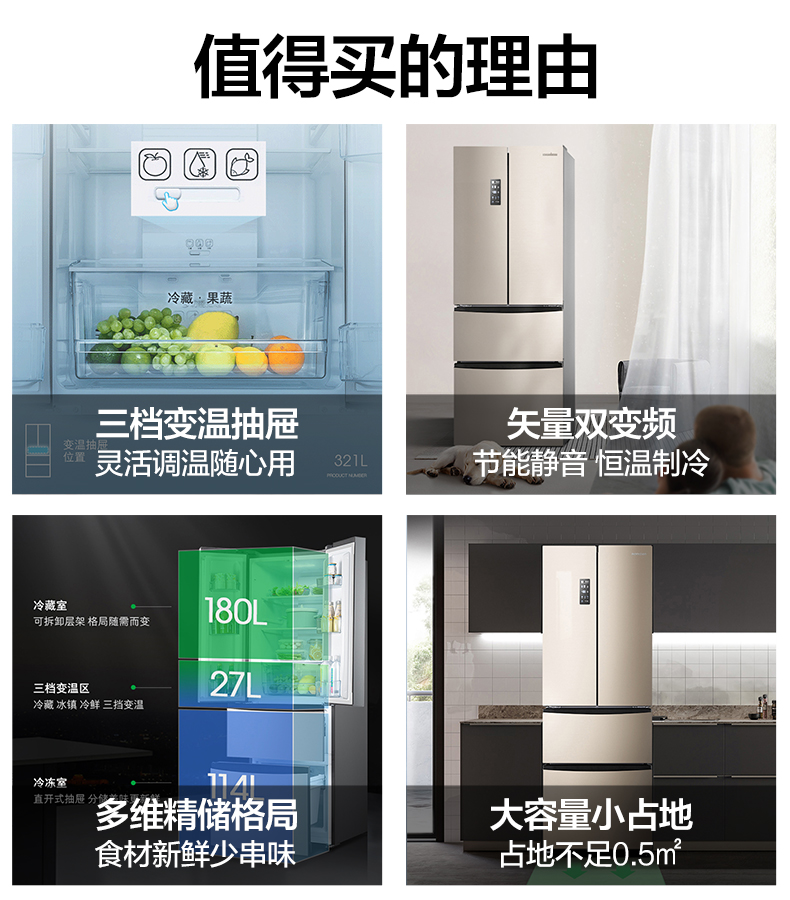 容声 一级变频 法式四门风冷无霜冰箱 321L 占地不足0.5㎡ 图1