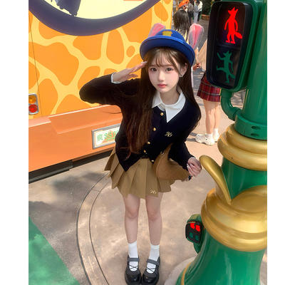 Korean-style atmosphere, MIU-style outfit, jk uniform, school-style knitted cardigan set, three-piece set, sweet girl, petite