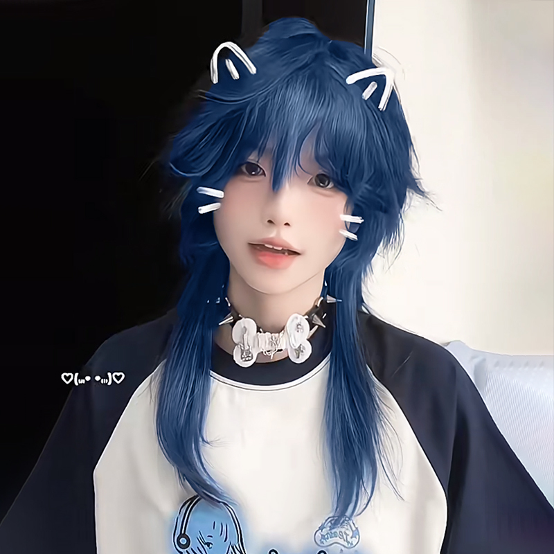 Wig for Men with Short Hair, Gay Boy Cosplay, Full Head Wig for Men, Blue Wolf Tail Mullet Tail Wig Set