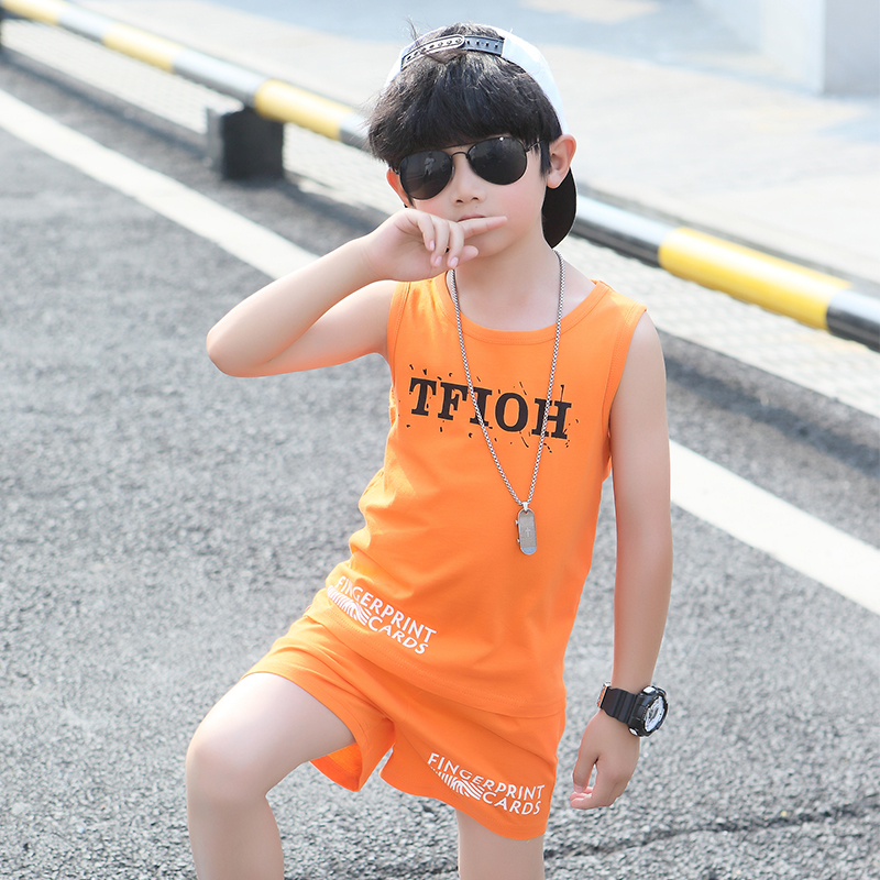 Boys vest shorts suit summer 2020 new middle and large children sleeveless pure cotton two-piece set thin section foreign style tide