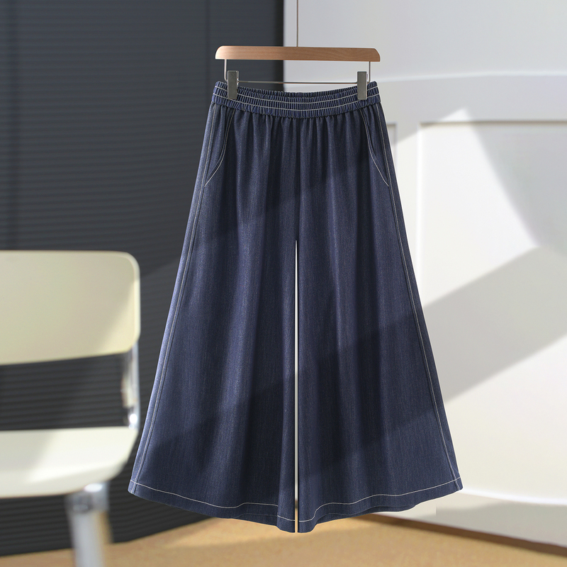 Denim-Colored Tencel Soft Denim Culottes for Women, Summer Thin Style 2026 New High-Waisted Drapey Retro Cropped Wide-Leg Pants