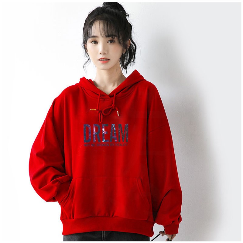 2020 women's thick T-shirt loose autumn and winter Korean version new velvet thick all-match top hooded jacket trendy ins