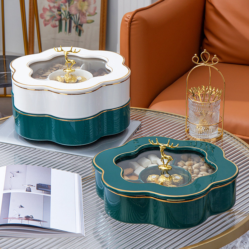 Light extravagant double layer of fruit tray Home living room tea table Multilayer European-style Ceramic Dry Fruit Box Snacks Candy Tray with lid