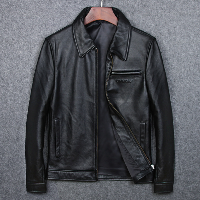 Simple men's lapel leisure leather leather coat head layer cowhide short coat men special clearance dad outfit