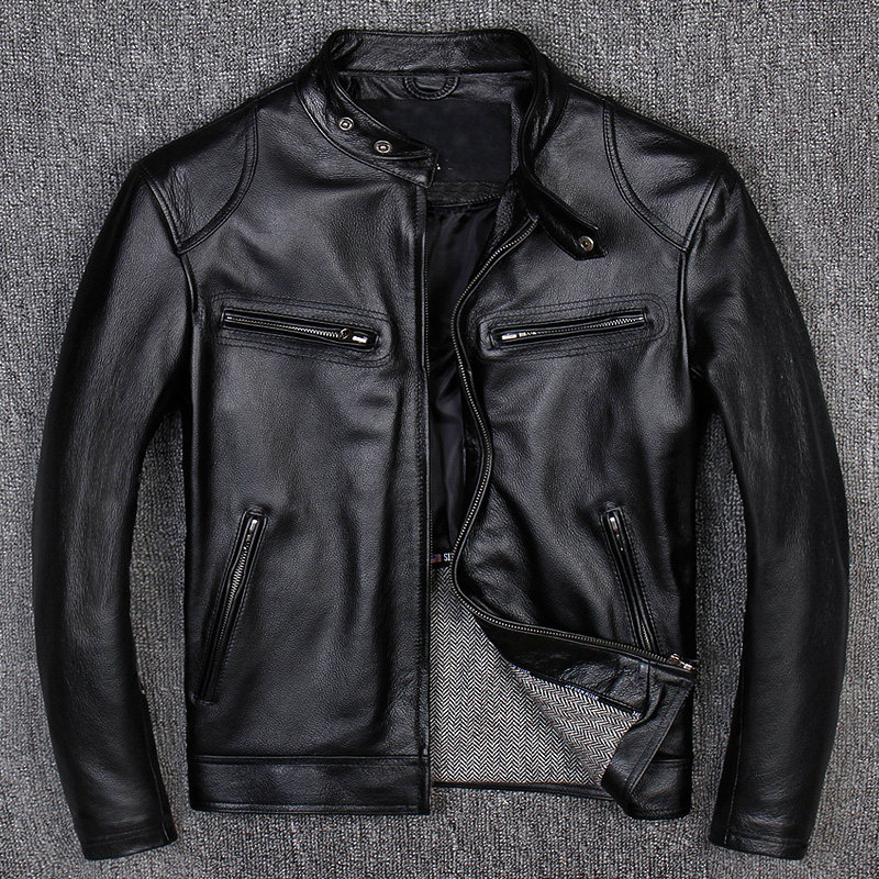 Hong Kong version of the youth first layer cowhide men's leather leather clothing short motorcycle stand collar casual leather jacket men's jacket