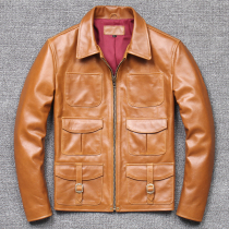 2021 leather leather mens top layer calfskin motorcycle hunting pure cowhide leather jacket short coat thin lapel