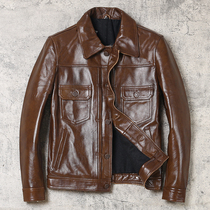 2021 new leather leather mens batik head calfskin fashion lapel casual leather jacket mens coat
