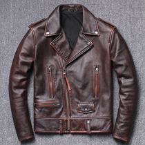 Double 11 commemorative mens leather leather motorcycle riding suit jacket vintage old top layer cowhide leather jacket tide