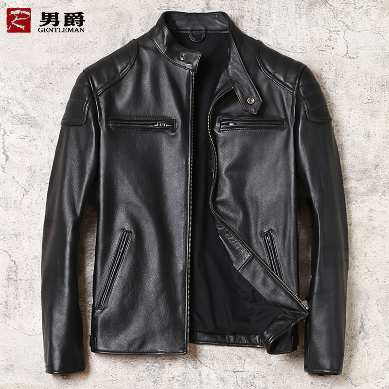 Genuine Leather Leather Clothing Male style Short-fit Neckline Locomotive Leather Jacket Multi-Pocket Riding Suit Men's Coat Special Price