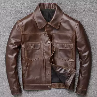 Autumn and winter new batik first layer tire cowhide men's leather leather clothing buckle motorcycle lapel leather jacket men's jacket