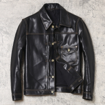 Shiny head topcoat tanned horse leather jacket fashion leather leather jacket mens short Street locomotive denim leather jacket