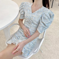 ACE At the time Renauny 2022 Spring summer new V collar sexy pleated pleated slew sleevy slew sleeves short dress women