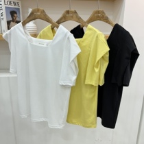 ACE Korea Ouni 2022 Summer new Korean version of the square collar short sleeve T-shirt female heart machine Sexy open collarbone blouse