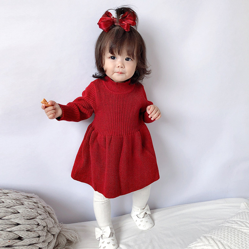 Web red baby spring and autumn dress girl baby knitting dress 369 months of ocean princess sweater long sleeve dress