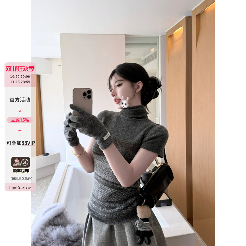 Laareetoo Gray Turtleneck Jacquard Sleeve Sweater for Women, Autumn and Winter Design, Slim Fit Inner Layer, Slimming Top