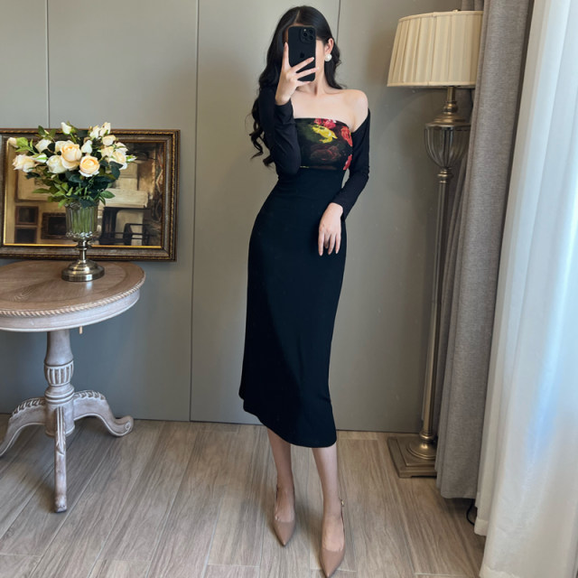 French retro pure desire rose design sense black tube top dress female autumn temperament long skirt two-piece suit