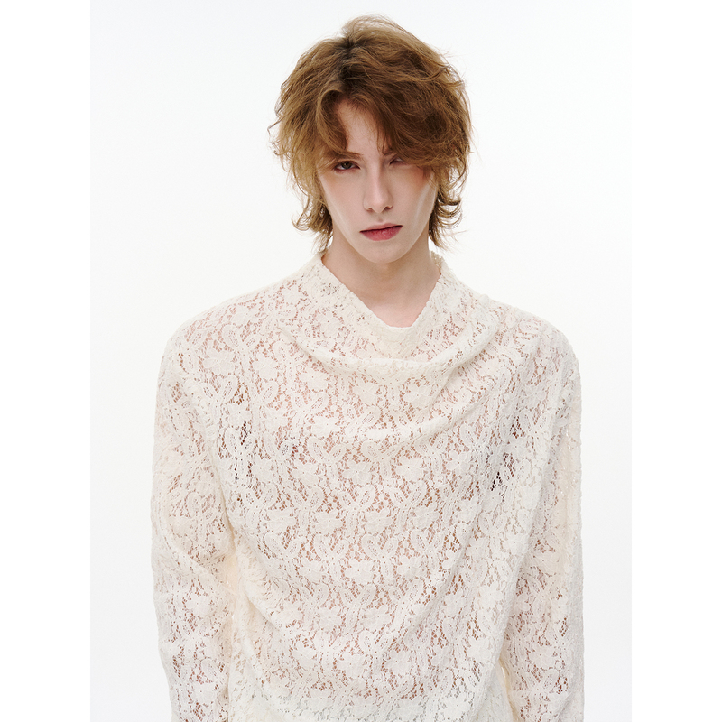 It7'Airy Pattern Weave' White Lace Long-Sleeve T-Shirt for Men, Stacked Collar, Relaxed Fit, Hollow-Out Pullover Knit Top