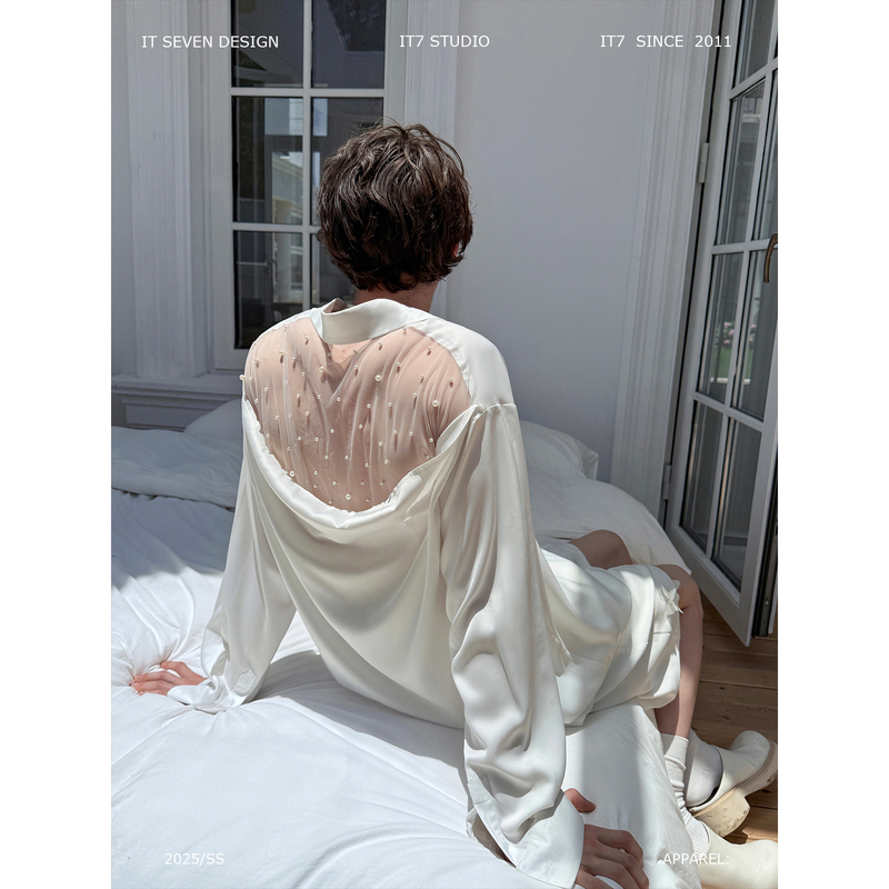 It7「White Satin Hidden Pearls」Pearlescent and Slightly Translucent Long-Sleeved Shirt, Designer Style, High-Grade Mercerized Satin It7「White Satin Hidden Pearls」Pearlescent and Slightly Translucent Long-Sleeved Shirt, Designer Style, High-Grade Mercerized Satin