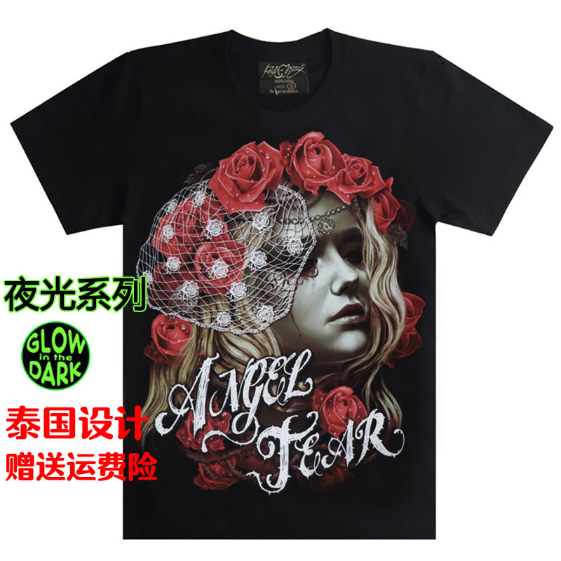 Thai streetwear brand couple's night-luminous short-sleeved T-shirts, new European and American pure cotton half-sleeved T-shirts with beauty prints