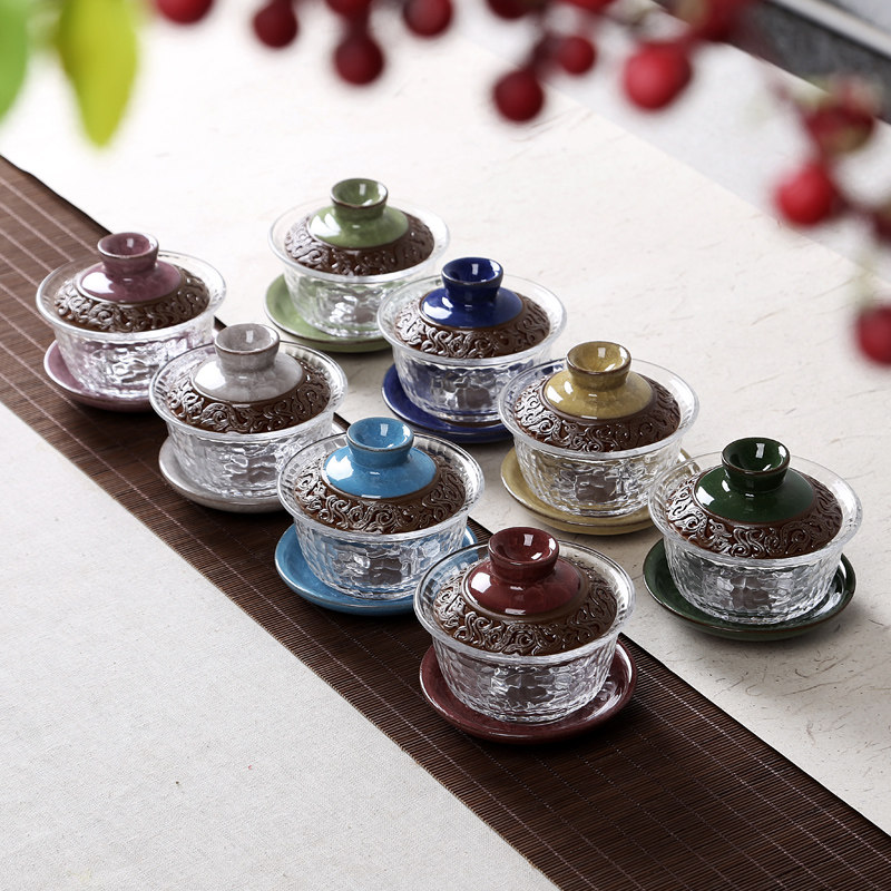 Single heat resistant glass lid bowl hand-painted ceramic three-only bowl ice cracked kutian tea furniture set thickened with tea cup track