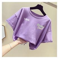 Girls purple T-shirt children short sleeve summer Korean version of loose print hem drawstring letter print top tide