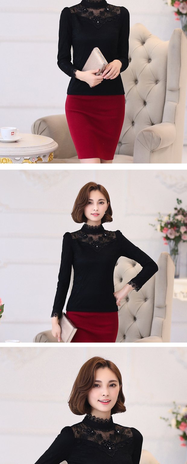Bên trong lưới gạc đáy áo sơ mi nữ dài tay cổ cao cộng với nhung dày đồ lót nhiệt áo sơ mi nữ bó sát kích thước lớn áo ren áo nam
