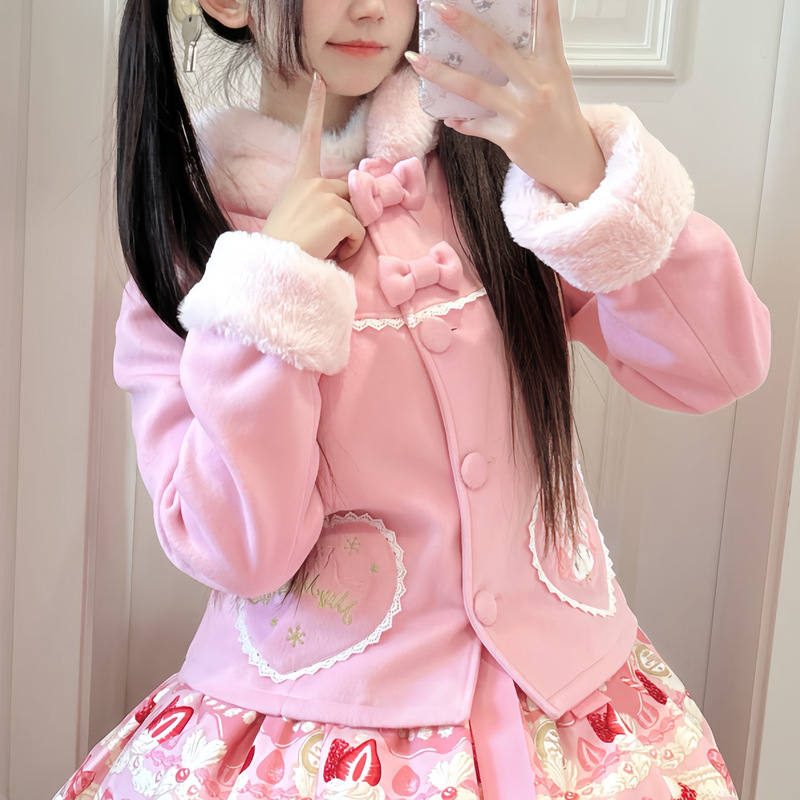 2025 Autumn and Winter Pink Plush Cute Coat Soft Girl Bow Rabbit Ear Hooded Short Thickened Woolen Coat for Women