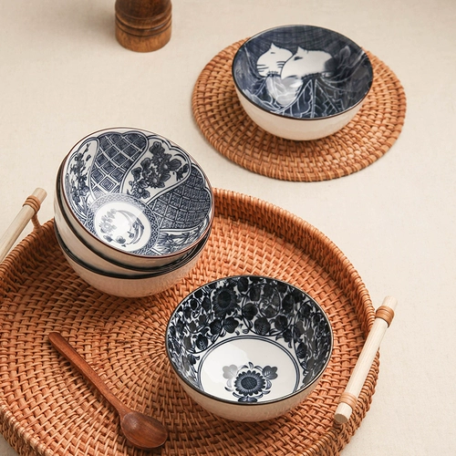 日式青花创意家用米饭碗陶瓷碗4个装(花色随机）