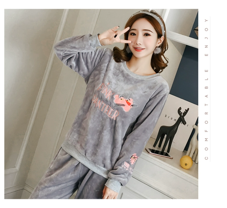 Bộ đồ ngủ của phụ nữ mùa thu và mùa đông phim hoạt hình flannel Sinh viên Hàn Quốc lông cừu dễ thương kích thước lớn phục vụ nhà phù hợp với cashmere mỏng pijama lụa dài tay