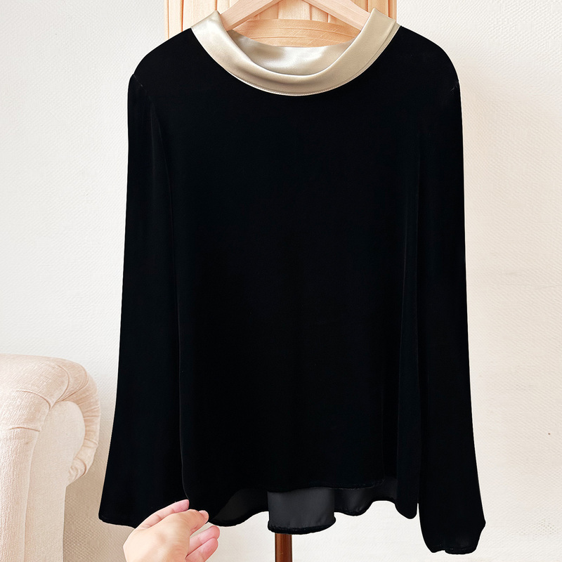 100% Mulberry Silk Velvet Top for Women, Round Neck, Loose Fit, Slimming, Elegant, Casual, Black, Versatile, Long-Sleeved