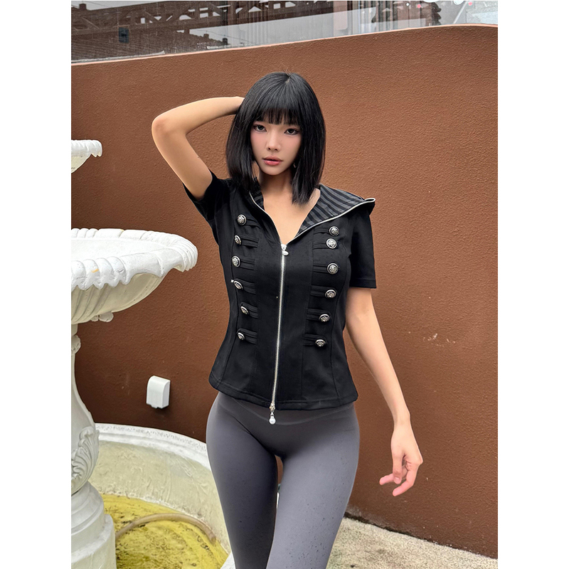 Shadow Night Napoleon Buttoned Hooded Vest Sweatshirt Unisex Mid-Sleeve Slim Fit Striped Cardigan Light Subculture Casual Shadow Night Napoleon Buttoned Hooded Vest Sweatshirt Unisex Mid-Sleeve Slim Fit Striped Cardigan Light Subculture Casual