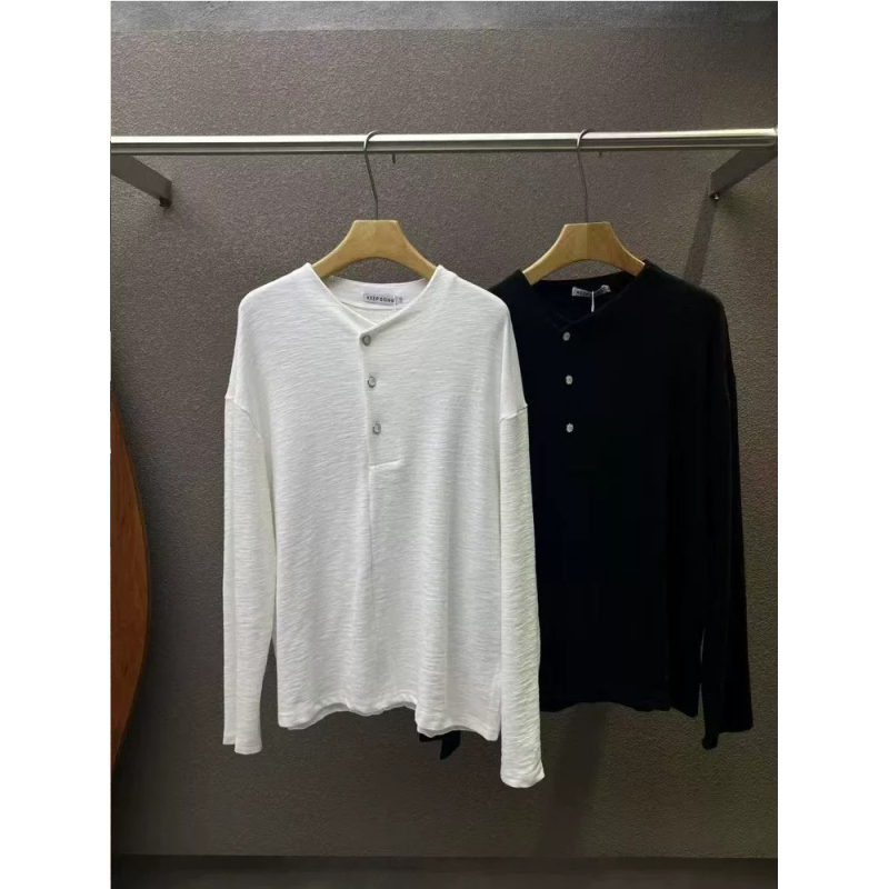 Textured Solid Color Korean-Style Henley Collar T-Shirt for Men and Women, Cleanfit Versatile Sun-Protective Long-Sleeve Cover-Up Half-Cardigan