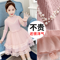 Girls sweater dress 2021 autumn winter dress children Korean version of base shirt little girl Foreign color knitted Princess yarn skirt
