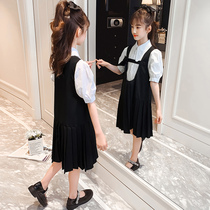 Girl Dress Dress 2021 New Summer Dress Black Princess Dresses Big Children Academy Wind 100 Pleats Skirt two sets of skirts