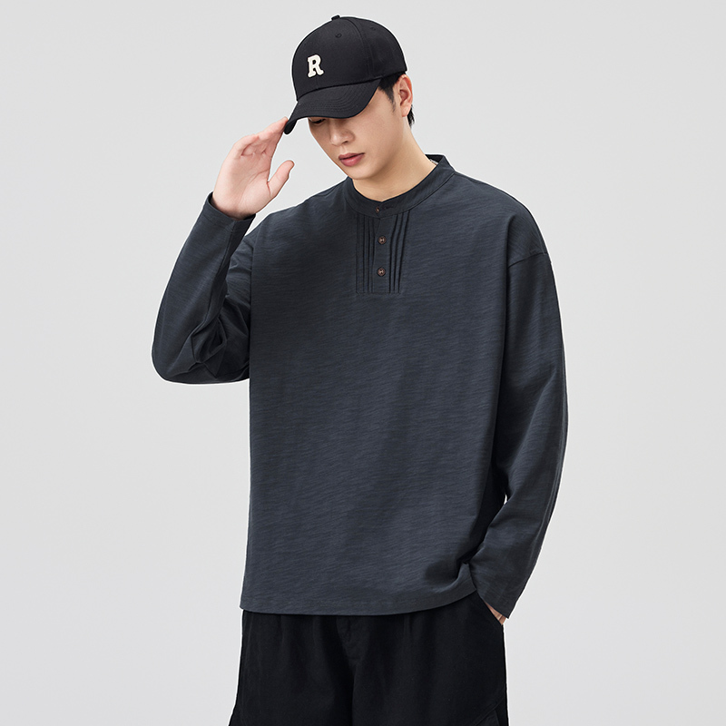 100% Cotton Fabric! Austrian Single Product! Spring and Autumn Men's Export Surplus Long-Sleeve T-Shirt with Henley Collar, Loose Fit