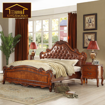 American Countryside Genuine Leather Bed European-style Solid Wood Double Bed 1 8 m Wedding Bed Sculpture Flower Fields Garden Retro Dark large bed