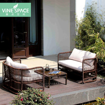 New Chinese style outdoor B & B Outdoor balcony Woven rattan table and chair combination Leisure creative sofa Sales department Swing villa