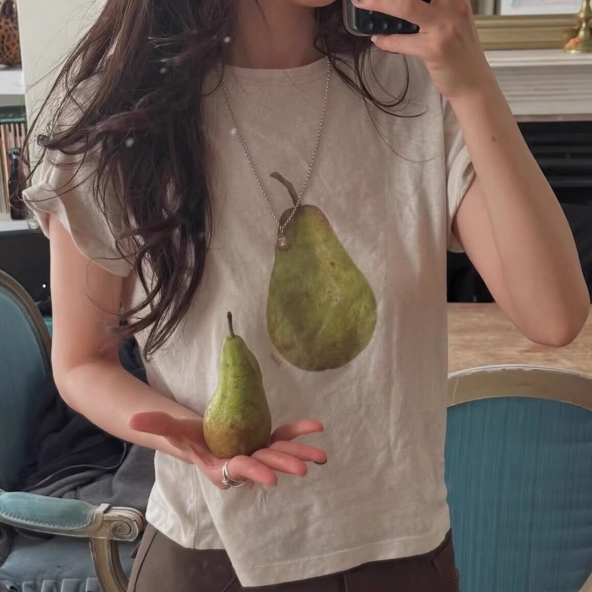 Корейская винтажная футболка Fletta с рисованным принтом груши свободного кроя с короткими рукавами
